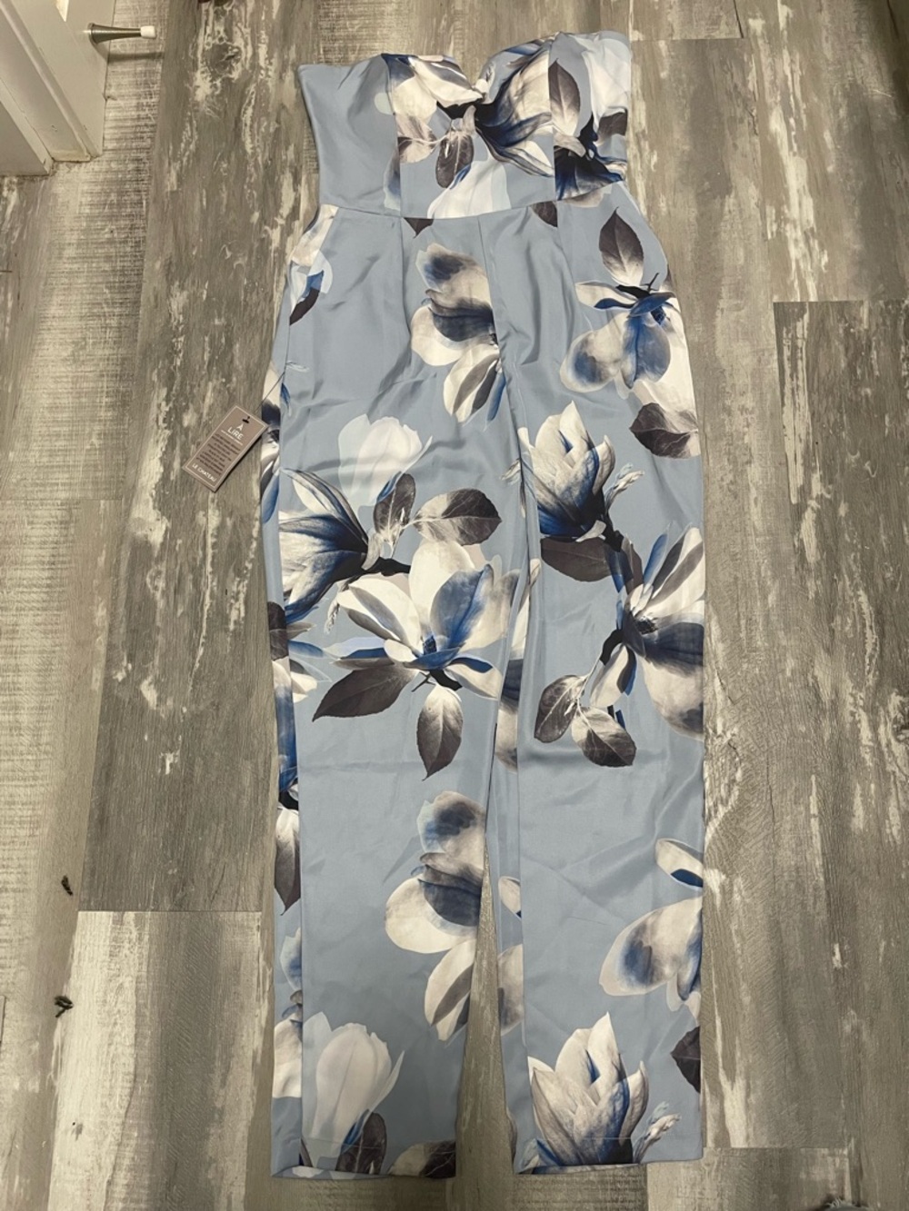 le chateau Strapless Floral Wide-Leg Jumpsuit in Light Blue and Navy